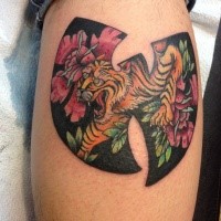 Cute symbol shaped leg tattoo stylized with tiger and flowers