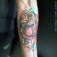 Cute watercolor style forearm tattoo of funny dog portrait