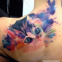 Cute watercolor style painted little kitten tattoo on shoulder