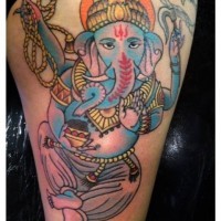 Dancing blue ganesha tattoo on thigh