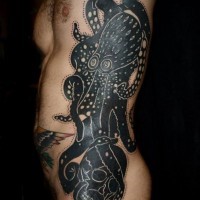 Dark black and white giant octopus with human skull side tattoo with dots