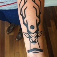 Dark black ink deer with long horns head tattoo on forearm length in geometrical style