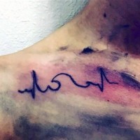 Dark black ink heart rhythm shoulder tattoo with wave