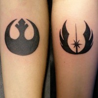 Dark black ink Jedi Order symbol and Rebel symbol Star Wars symbolical tattoos
