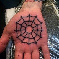 Dark black ink spiderweb simple design homemade style tattoo on hand palm