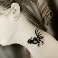Dark black ink stylized cock neck tattoo in tribal style