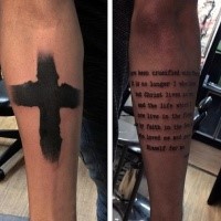 Dark black thick cross and religious lettering tattoo on both forearms