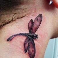 Dark colors dragonfly tattoo on neck