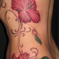 Dark red hibiscus flowers tattoo on ribs