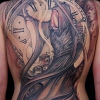 Death and watch tattoo on whole back