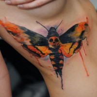 Tête de mort Papillon faucon tatouage de style aquarelle par dopeindulgence