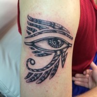 Decorated with feather Egyptian ancient symbol the Eye of Horus tattoo on shoulder