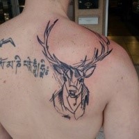 Deer portrait dark black ink tattoo on man's back in homemade style