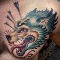 Demonic looking colored chest tattoo of creepy wolf with arrow