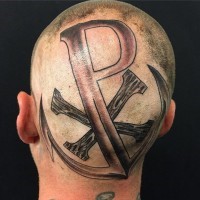 Designed with steel anchor and wooden motifs Chi Rho special Christ monogram giant tattoo on skull