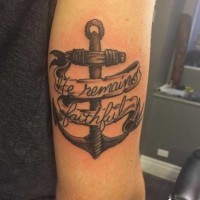 Detailed anchor with memorial banner lettering shoulder tattoo