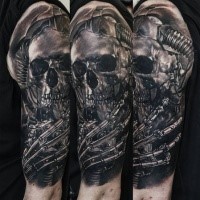 Detailed and colored shoulder tattoo of metallic skeleton
