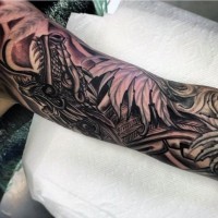Detailliertes schwarzweißes Ärmel Tattoo des Drachen mit Blumen und Blättern