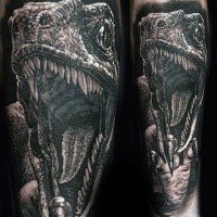 Detailed black and white sleeve tattoo of roaring dinosaur