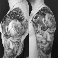 Detailed black ink shoulder tattoo of woman with roses