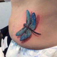 Detailed blue dragonfly tattoo on ribs by Curt Young