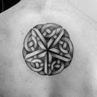 Detailed Celtic knot symbol impressive circle shaped tattoo on upper back
