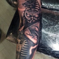 Detailed colored Egypt themed sleeve tattoo of various gods