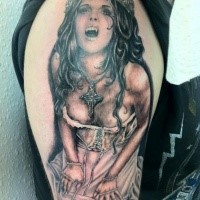 Detailed illustrative style colored shoulder tattoo of sexy medieval vampire woman