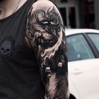 Detailed incredible looking shoulder tattoo of of fantasy demonic warrior