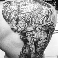 Detailed looking black and white whole back tattoo of massive gladiator fight