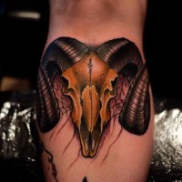 Detailed painted colored big animal skull tattoo on leg