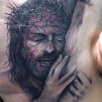 Detailed realistic portrait of jesus in a crown of thorns tattoo