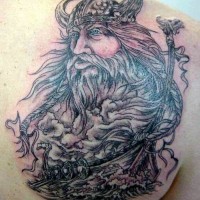 Detailed scandinavian god and vikings tattoo on shoulder blade