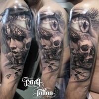 Detailed shoulder tattoo of sexy woman with skull and clock