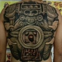 Detailed whole back tattoo of ancient sone statue