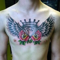 Diamond with crown and feather wings chest tattoo with colored pair of roses