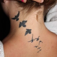 Different small birds tattoo on back neck