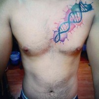DNA chain with multicolored paint drips tattoo on chest