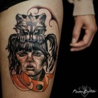 Doll like colored thigh tattoo of sad woman with raccoon