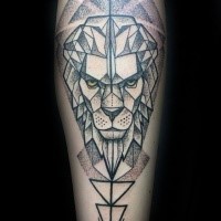 Dot style black ink arm tattoo of lion with yellow eyes