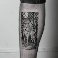 Dot style black ink beautiful looking wolf picture tattoo