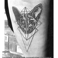 Dot style black ink demonic cat head with geometrical figures
