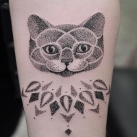 Dot style black ink for girls tattoo of cat with nice ornaments