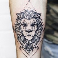 Dot style black ink forearm tattoo of lion with geometrical figures