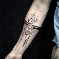 Dot style black ink forearm tattoo of strange geometrical figure with black lines