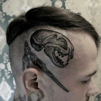 Dot style black ink head tattoo of animal skull