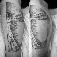 Dot style black ink leg tattoo of Vitruvian man half