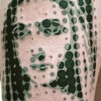 Dot style black ink thigh tattoo of vintage woman portrait