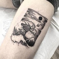 Dot style black ink thigh tattoo of big waves with mountain  and black moon