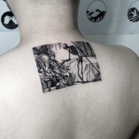 Dot style black ink upper back tattoo of creative picture